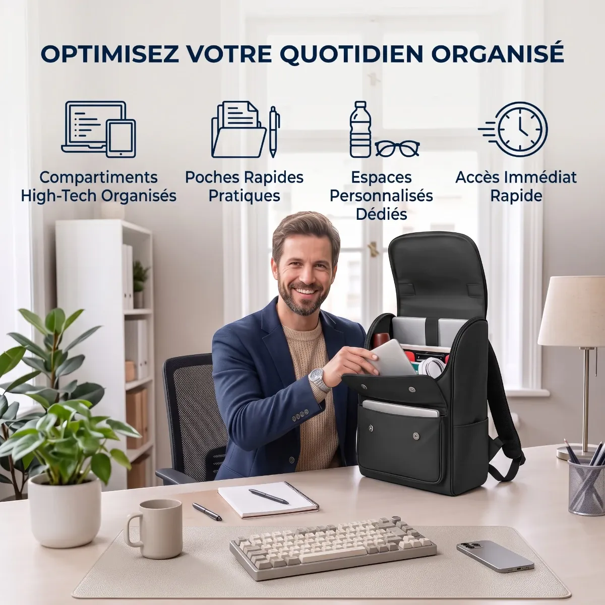 Organisation intérieure et rangement gourde du sac à dos ordinateur homme Onyxium