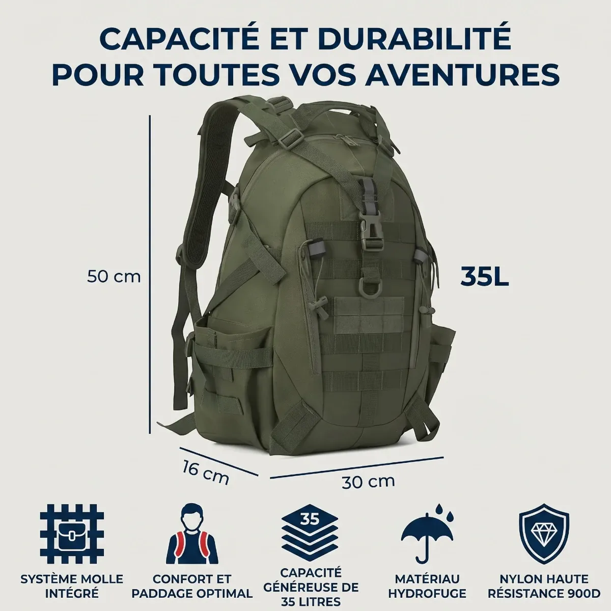Dimensions précises et capacité 35L du sac à dos ordinateur homme TactiGrid
