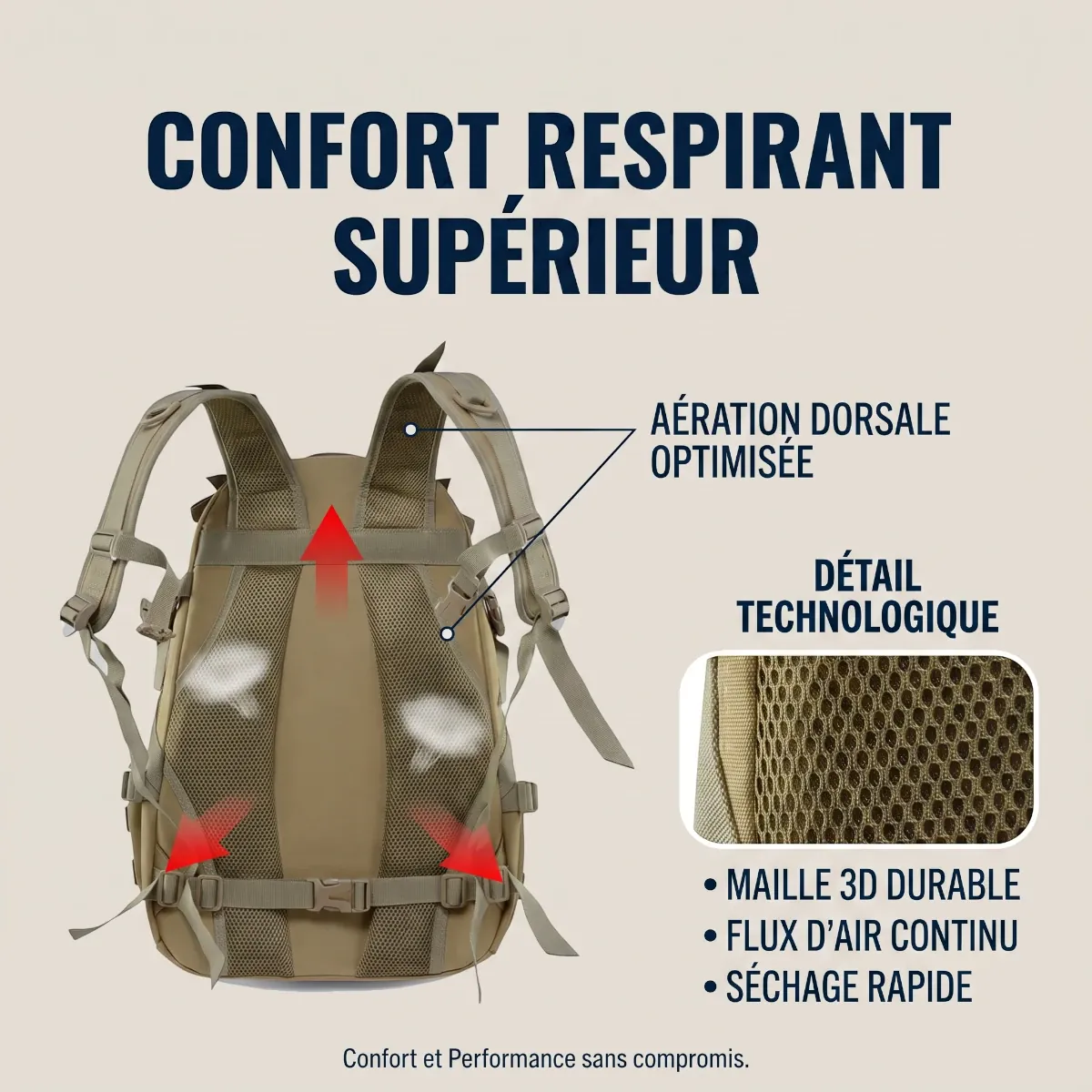 Système d'aération dorsale respirant du sac à dos ordinateur homme TactiGrid