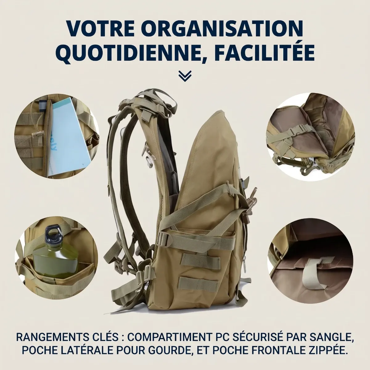Compartiments de rangement et poche PC du sac à dos ordinateur homme TactiGrid