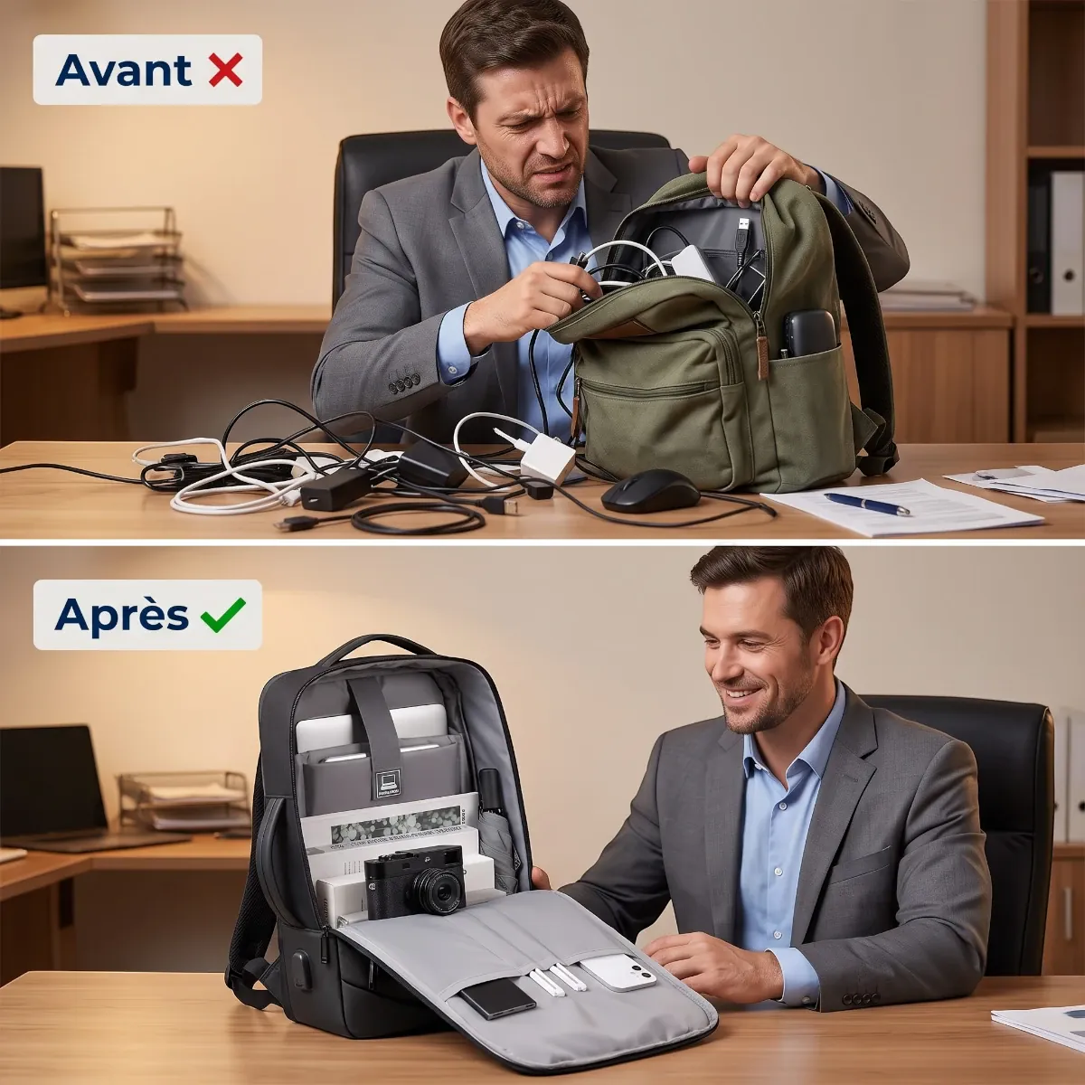 Comparaison avant après organisation du sac à dos ordinateur homme UrbanShift