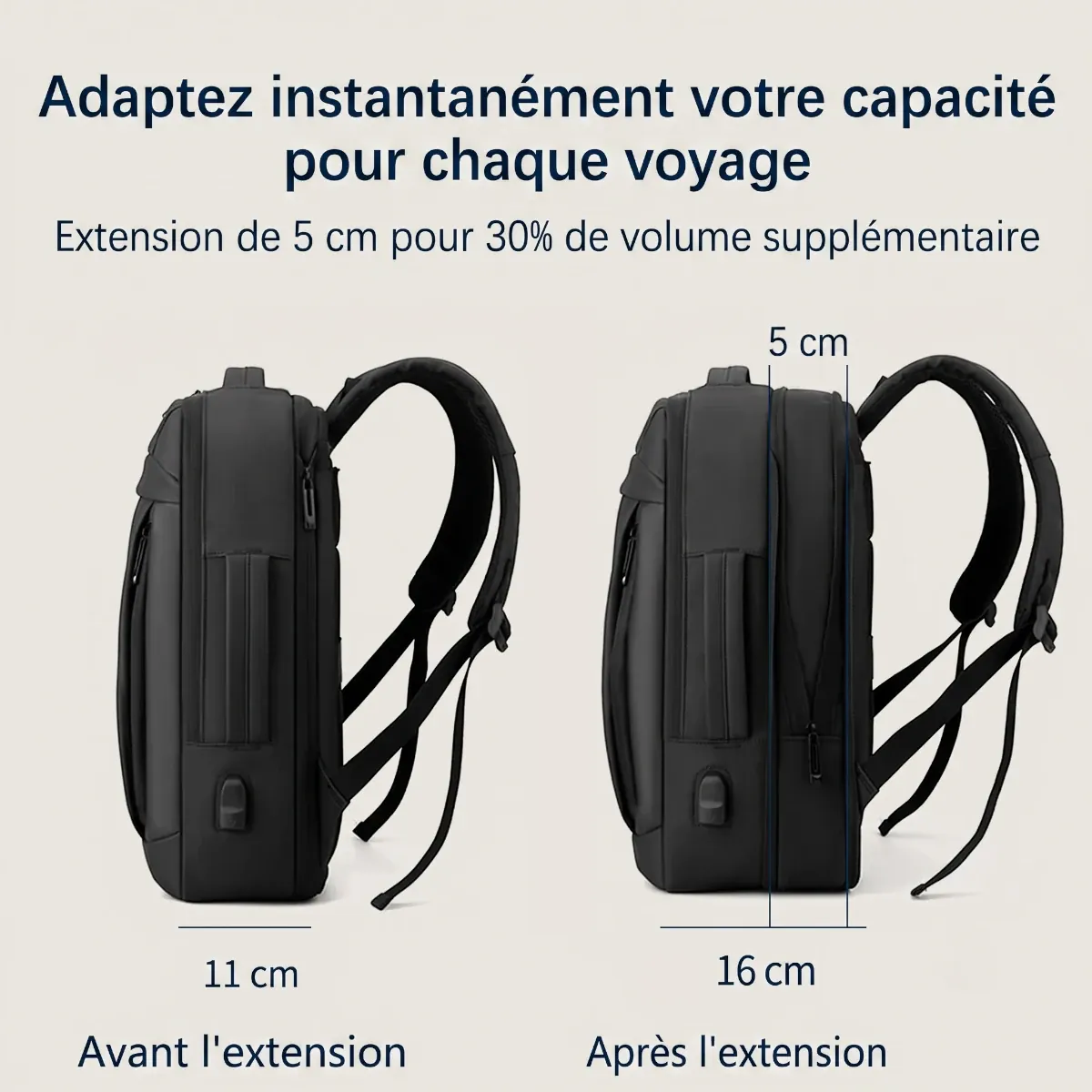 Extension de 5cm offrant 30% de volume en plus sur le sac à dos ordinateur homme UrbanShift