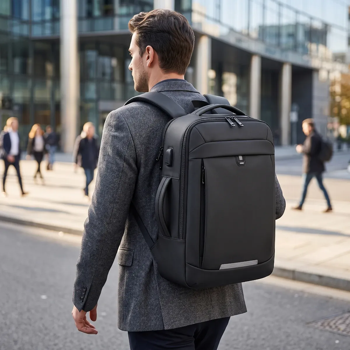 Homme portant le sac à dos ordinateur homme UrbanShift en déplacement professionnel