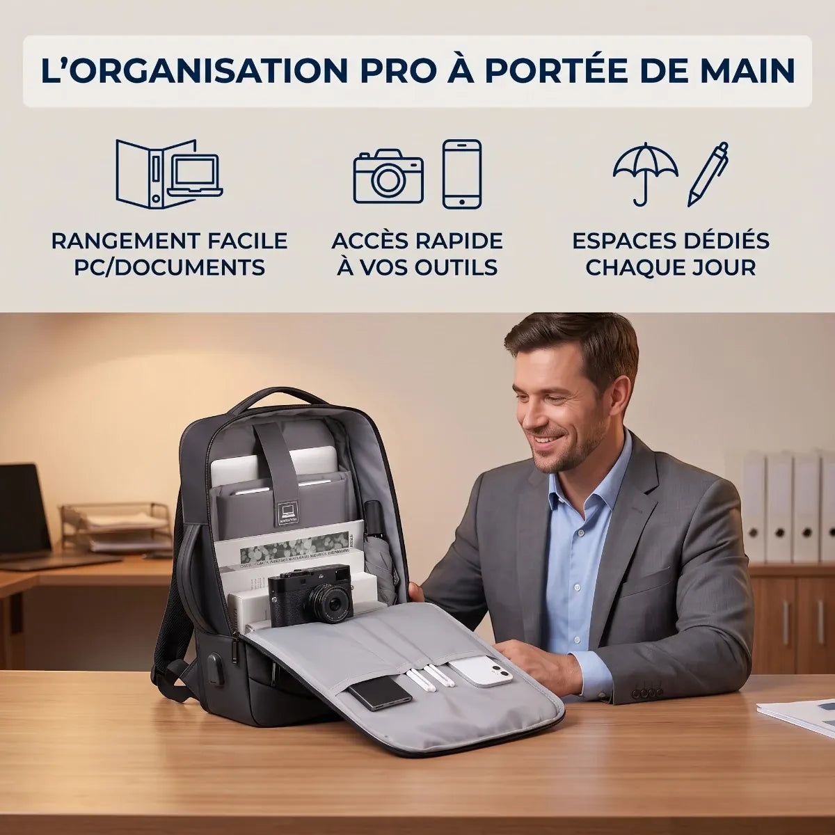 Compartiments intérieurs et rangement du sac à dos ordinateur homme UrbanShift