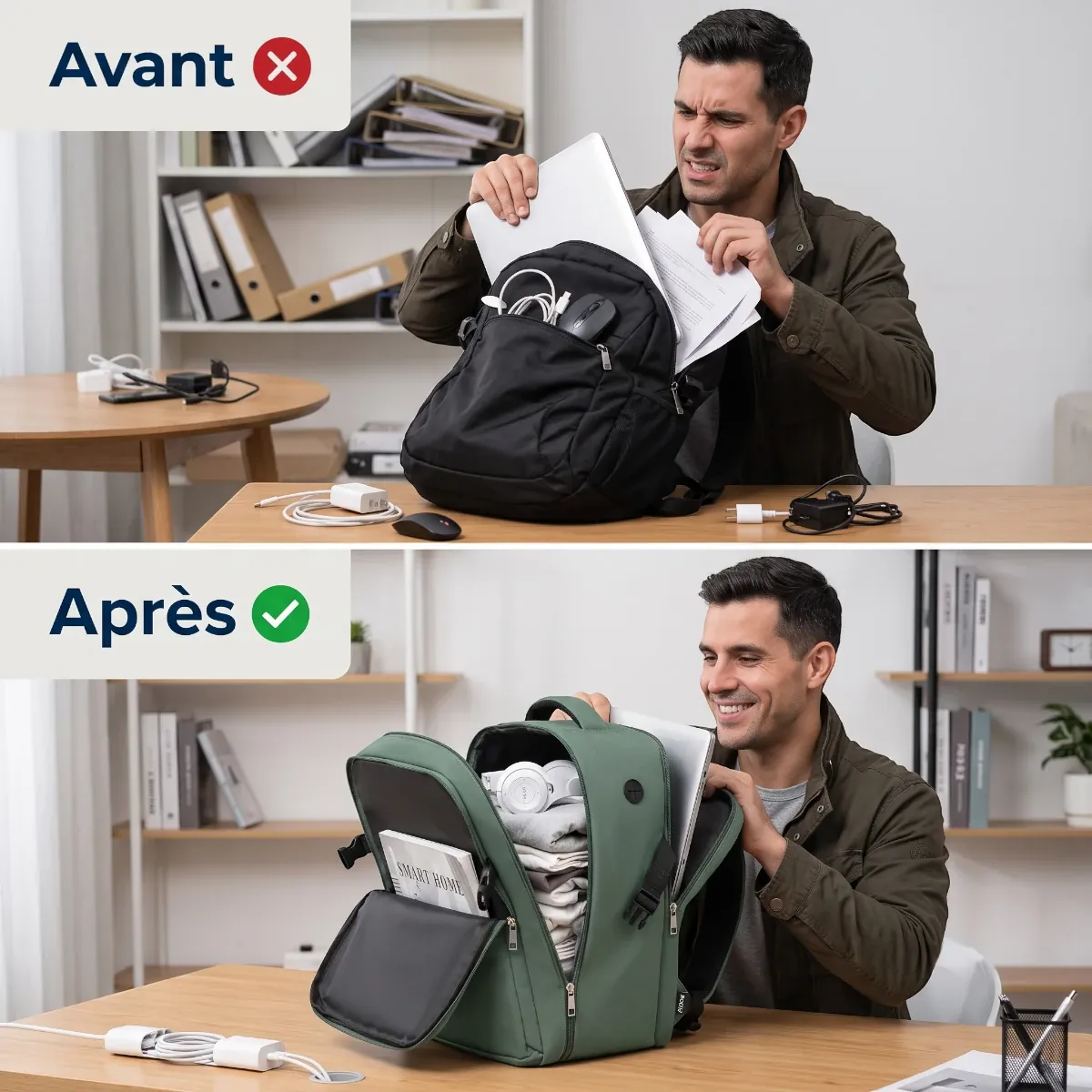 Comparatif avant après organisation du sac à dos ordinateur homme ValiPack