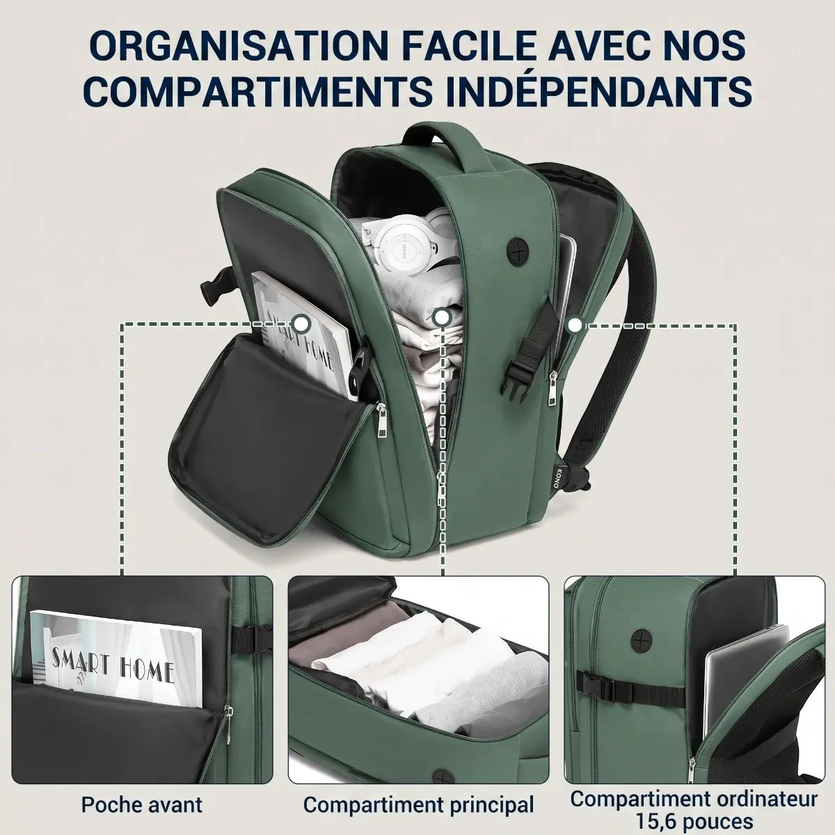 Vue des compartiments de rangement du sac à dos ordinateur homme ValiPack