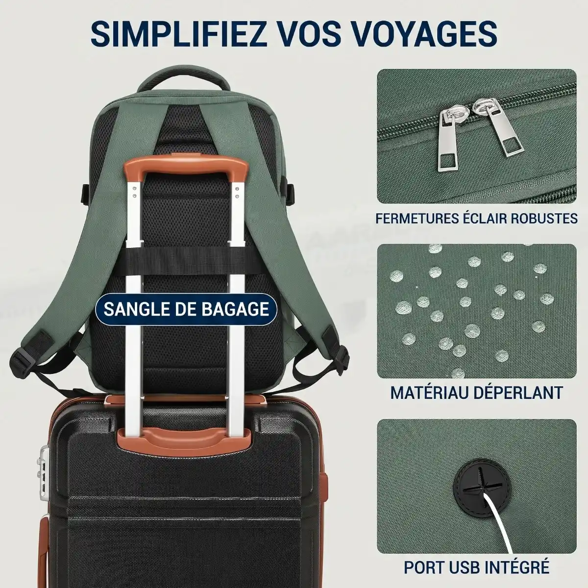 Détails de la sangle bagage et port USB du sac à dos ordinateur homme ValiPack