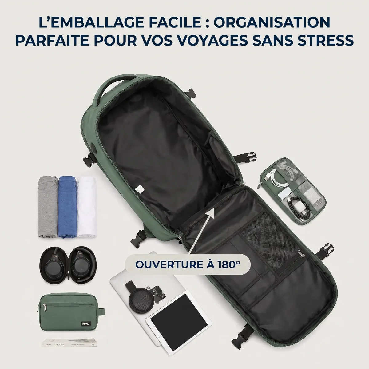 Sac à dos ordinateur homme ValiPack ouvert à 180 degrés à plat