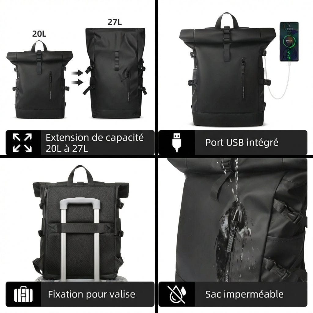 Infographie des fonctionnalités : port USB, fixation valise et volume du sac à dos ordinateur portable extensible 15,6 pouces roll-top imperméable.