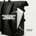 Vue du compartiment PC et de l'ouverture latérale du sac à dos ordinateur portable extensible 15,6 pouces roll-top imperméable.