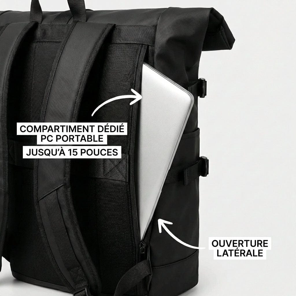 Vue du compartiment PC et de l'ouverture latérale du sac à dos ordinateur portable extensible 15,6 pouces roll-top imperméable.