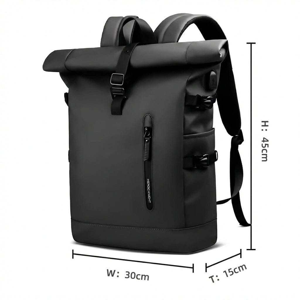 Dimensions détaillées (45x30x15 cm) du sac à dos ordinateur portable extensible 15,6 pouces roll-top imperméable.