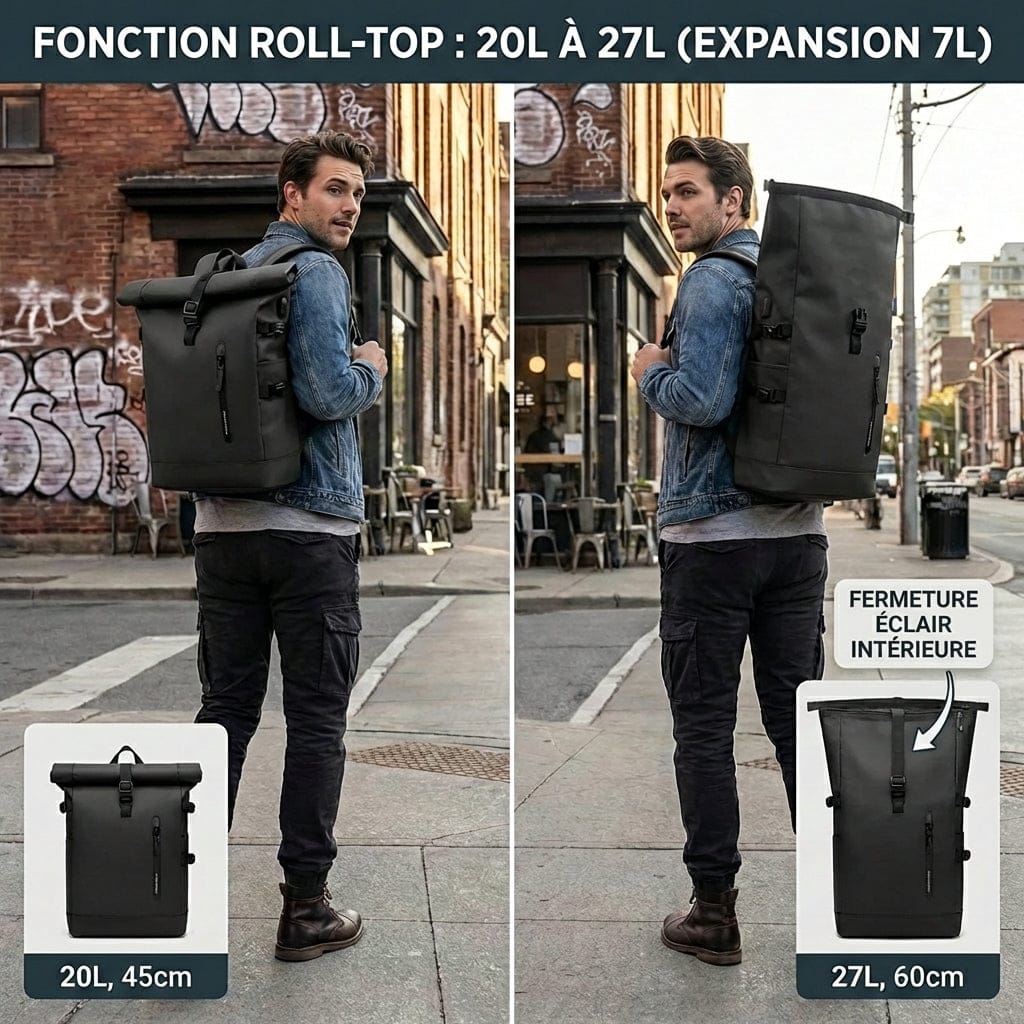 Comparaison de la capacité modulable (20L à 27L) du sac à dos ordinateur portable extensible 15,6 pouces roll-top imperméable.