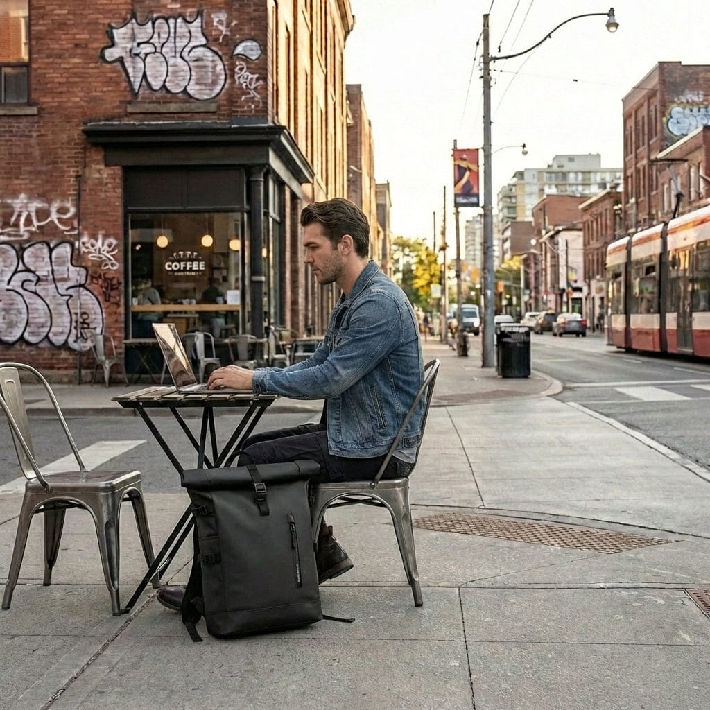 Homme utilisant son sac à dos ordinateur portable extensible 15,6 pouces roll-top imperméable en terrasse de café.