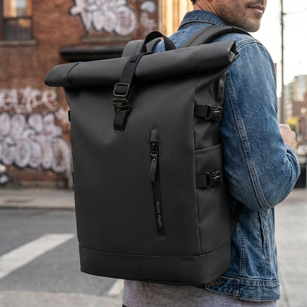 Gros plan sur la matière résistante et le design du sac à dos ordinateur portable extensible 15,6 pouces roll-top imperméable.