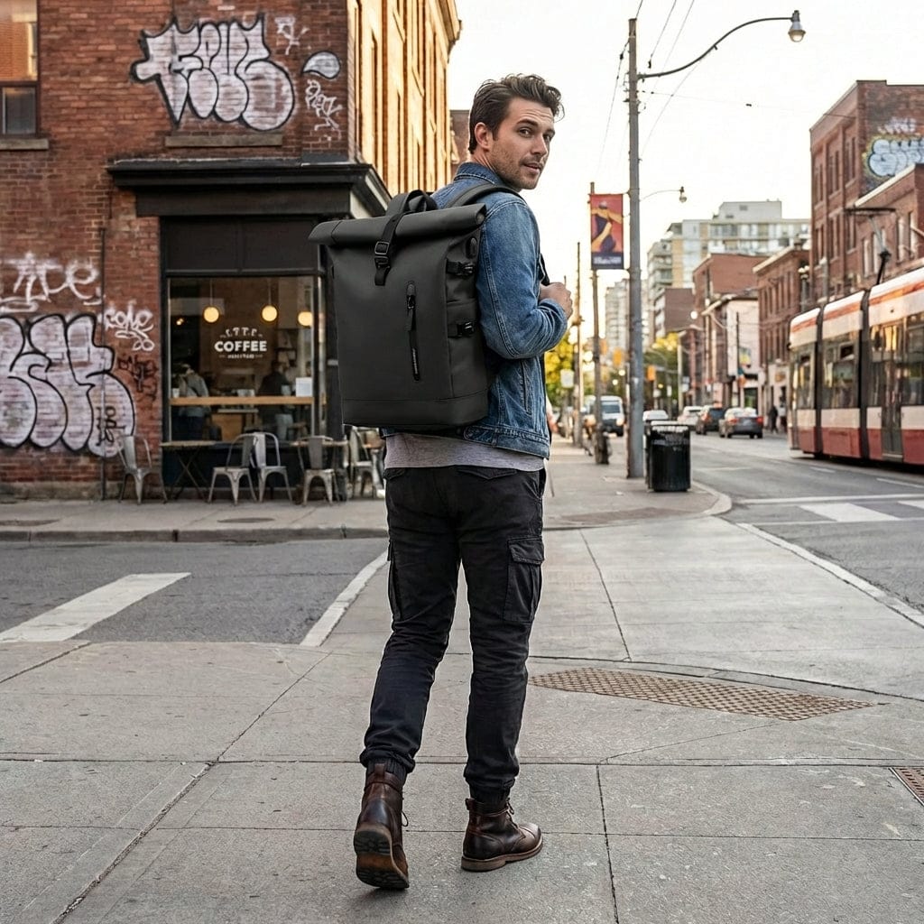 Sac à dos ordinateur portable extensible 15,6 pouces roll-top imperméable porté dans un environnement urbain moderne.