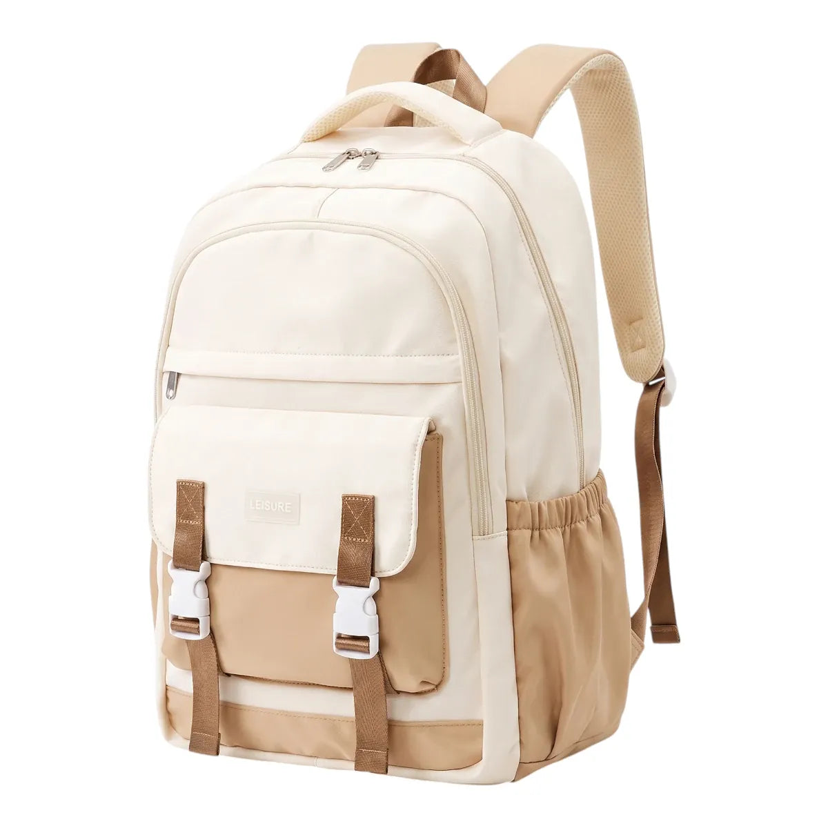 Photo studio vue de trois quarts du sac à dos ordinateur portable femme Lévia PRO coloris ivoire urbain sur fond blanc.