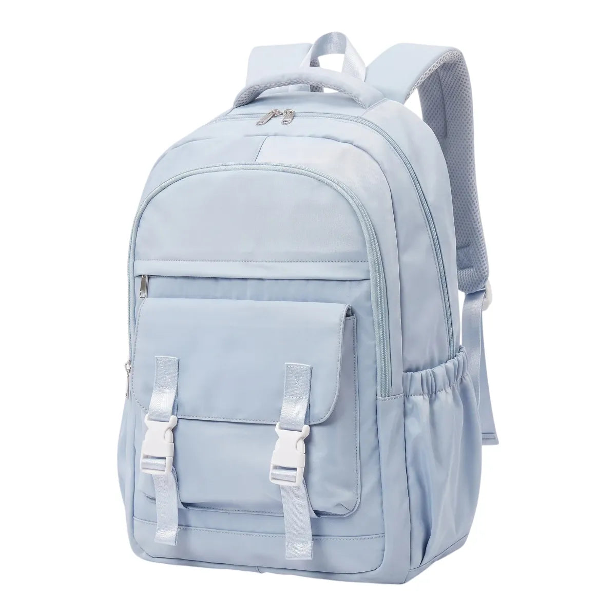 Photo studio du sac à dos ordinateur portable femme Lévia pro en coloris bleu brume nomade, vue de trois quarts sur fond blanc.