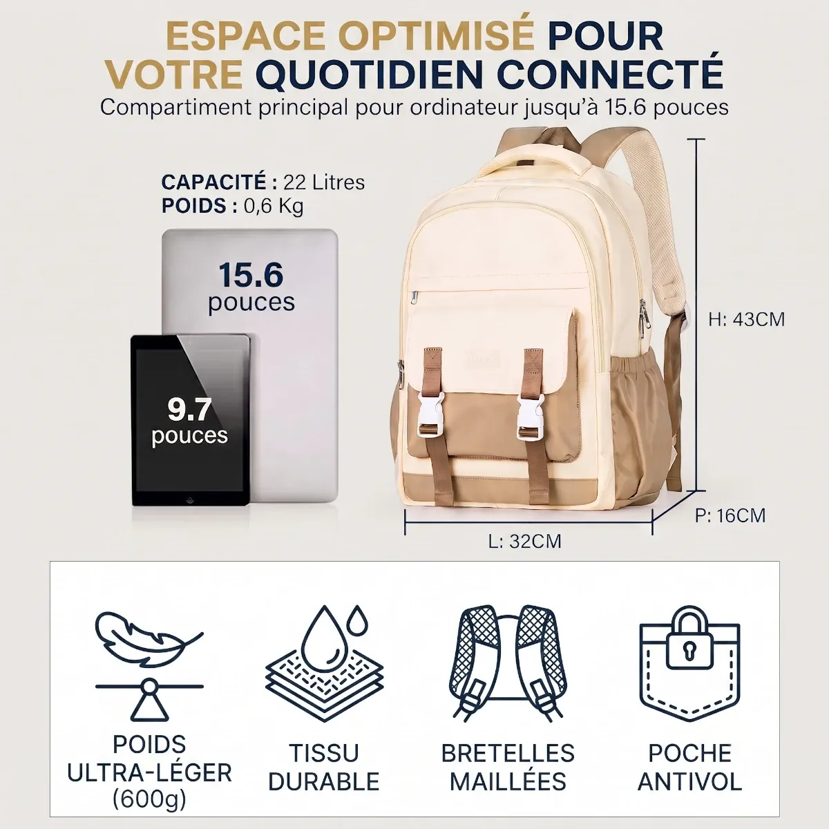 Infographie des dimensions en cm, de la capacité de 22L et du poids léger du sac à dos ordinateur portable femme Lévia PRO.