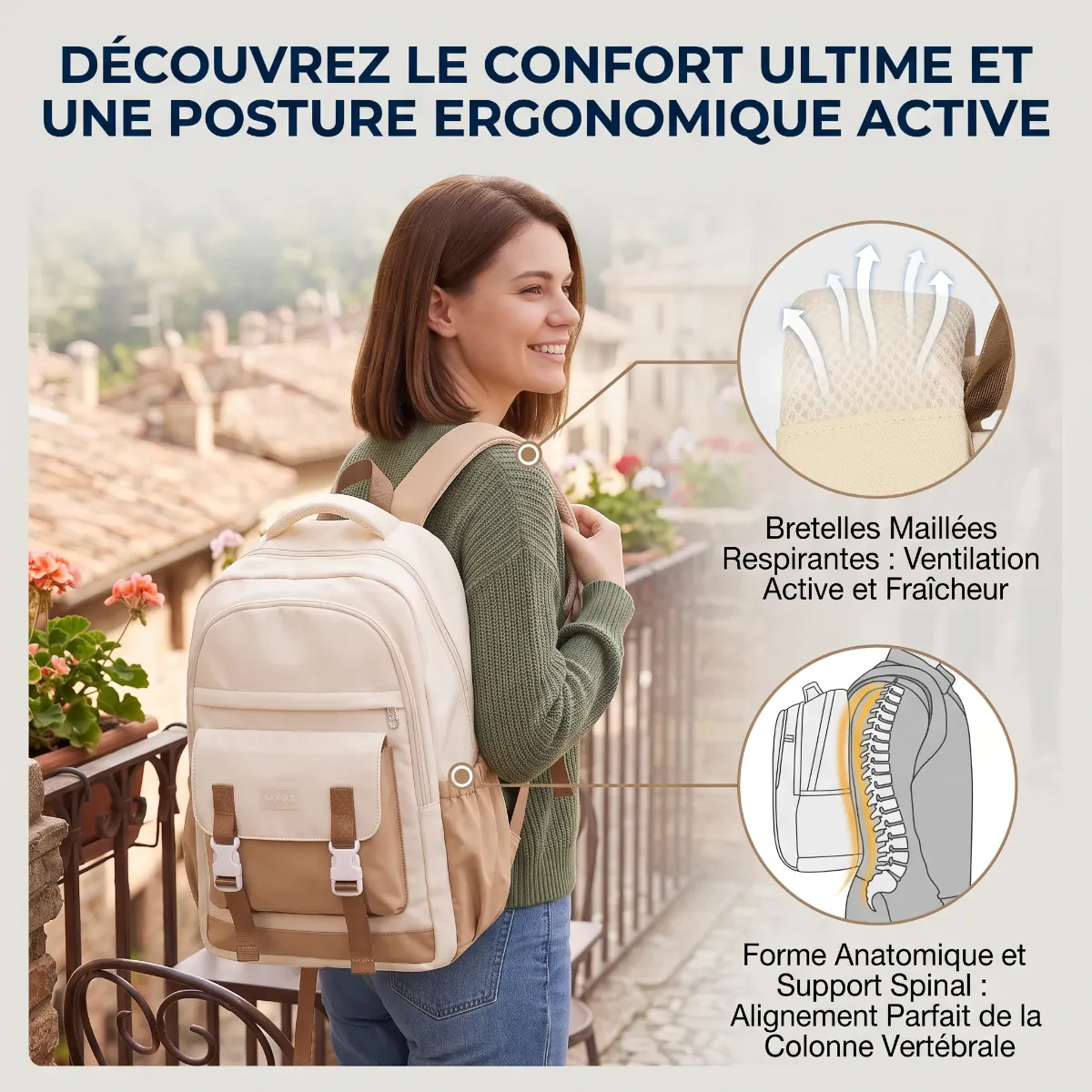Schéma explicatif du soutien dorsal et des bretelles respirantes du sac à dos ordinateur portable femme Lévia PRO.