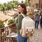 Femme souriante portant le sac à dos ordinateur portable femme Lévia PRO lors d'un déplacement dans une ville historique.