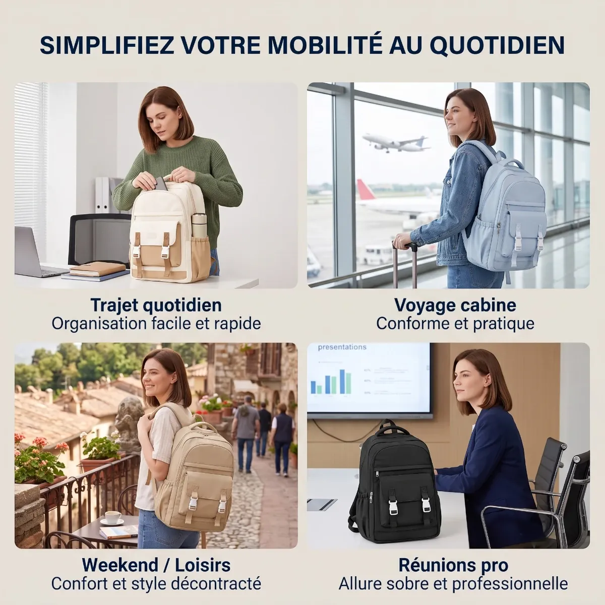Les 4 contextes d'utilisation quotidienne du sac à dos ordinateur portable femme Lévia PRO pour le travail et les loisirs.