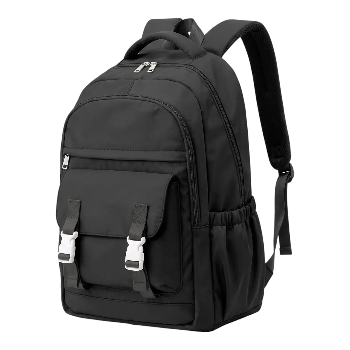 Photo studio du sac à dos ordinateur portable femme Lévia pro en coloris noir exécutif, vue de trois quarts sur fond blanc.