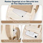 Focus sur la poche frontale et la poche de sécurité antivol arrière du sac à dos ordinateur portable femme Lévia PRO.