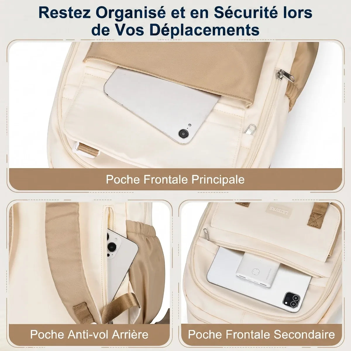 Focus sur la poche frontale et la poche de sécurité antivol arrière du sac à dos ordinateur portable femme Lévia PRO.
