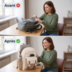 Comparatif avant après illustrant l'organisation optimale interne du sac à dos ordinateur portable femme Lévia PRO.