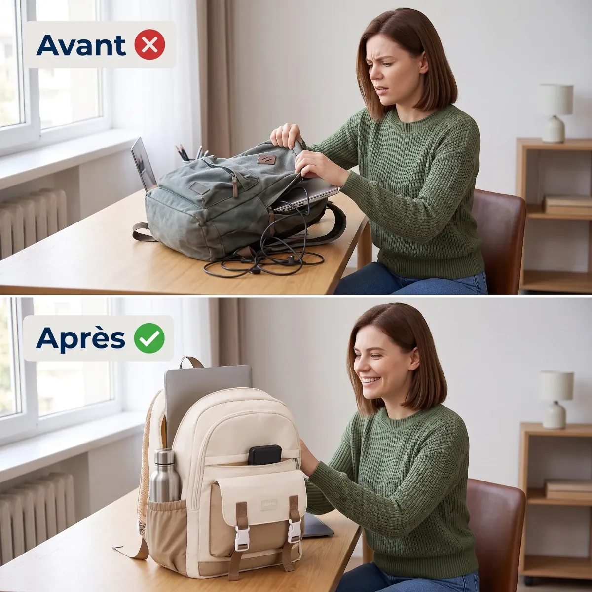 Comparatif avant après illustrant l'organisation optimale interne du sac à dos ordinateur portable femme Lévia PRO.