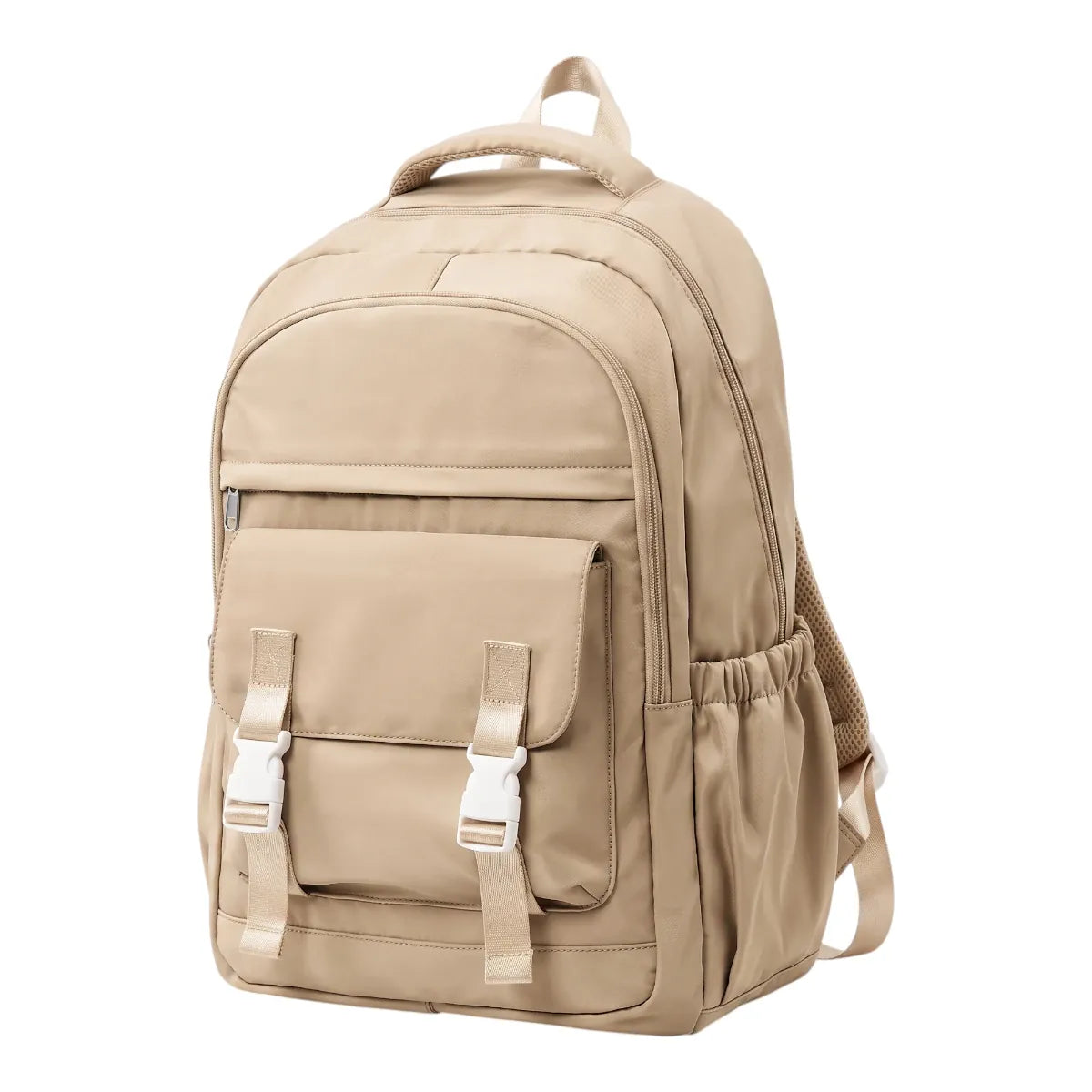 Photo studio du sac à dos ordinateur portable femme Lévia pro en coloris sable fauve, vue de trois quarts sur fond blanc.