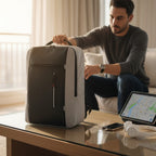 Sac à dos professionnel ErgoStride posé sur une table pour un usage de bureau nomade.