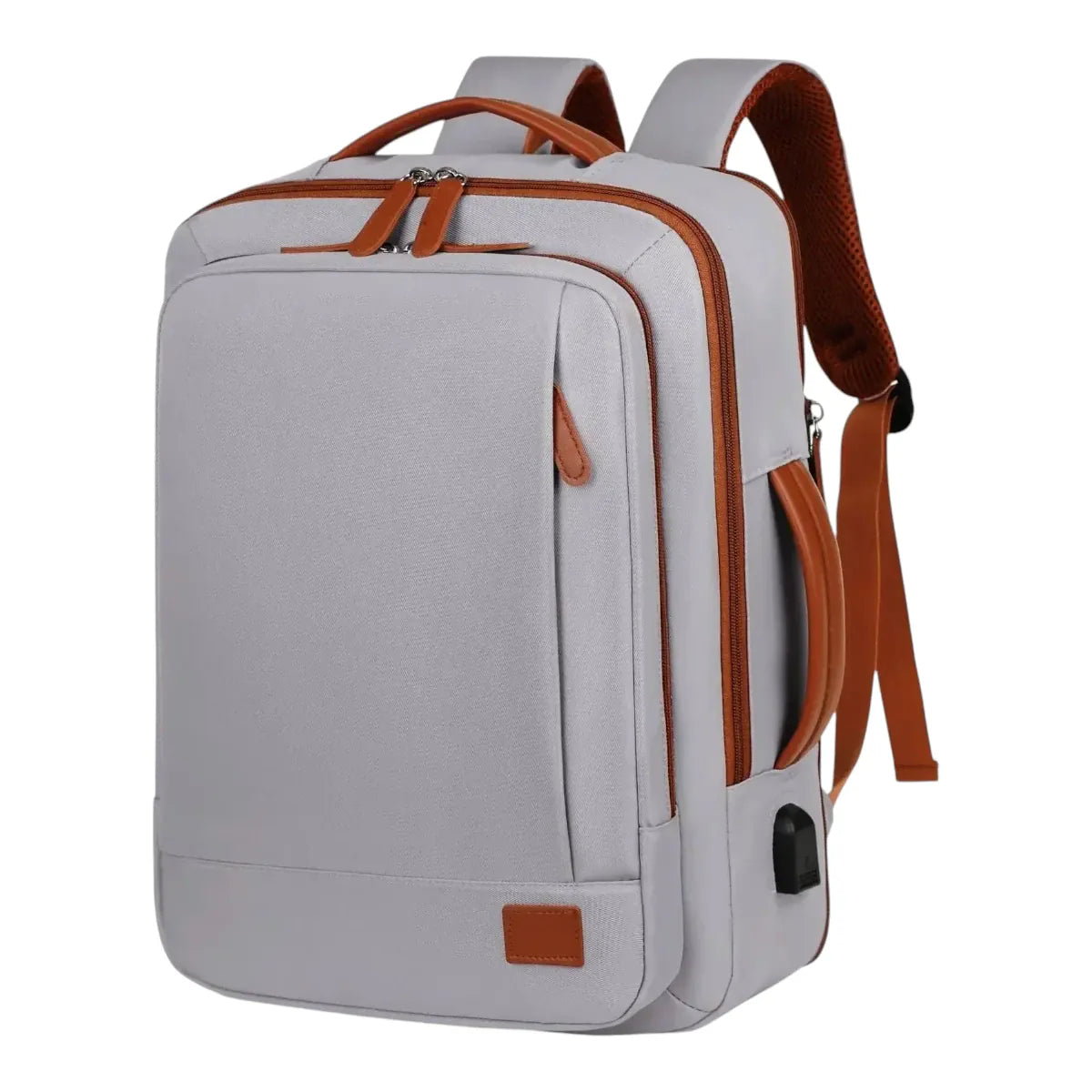 Sac à dos ordinateur professionnel premium gris, sac à dos structuré avec port USB et poignées en cuir marron.