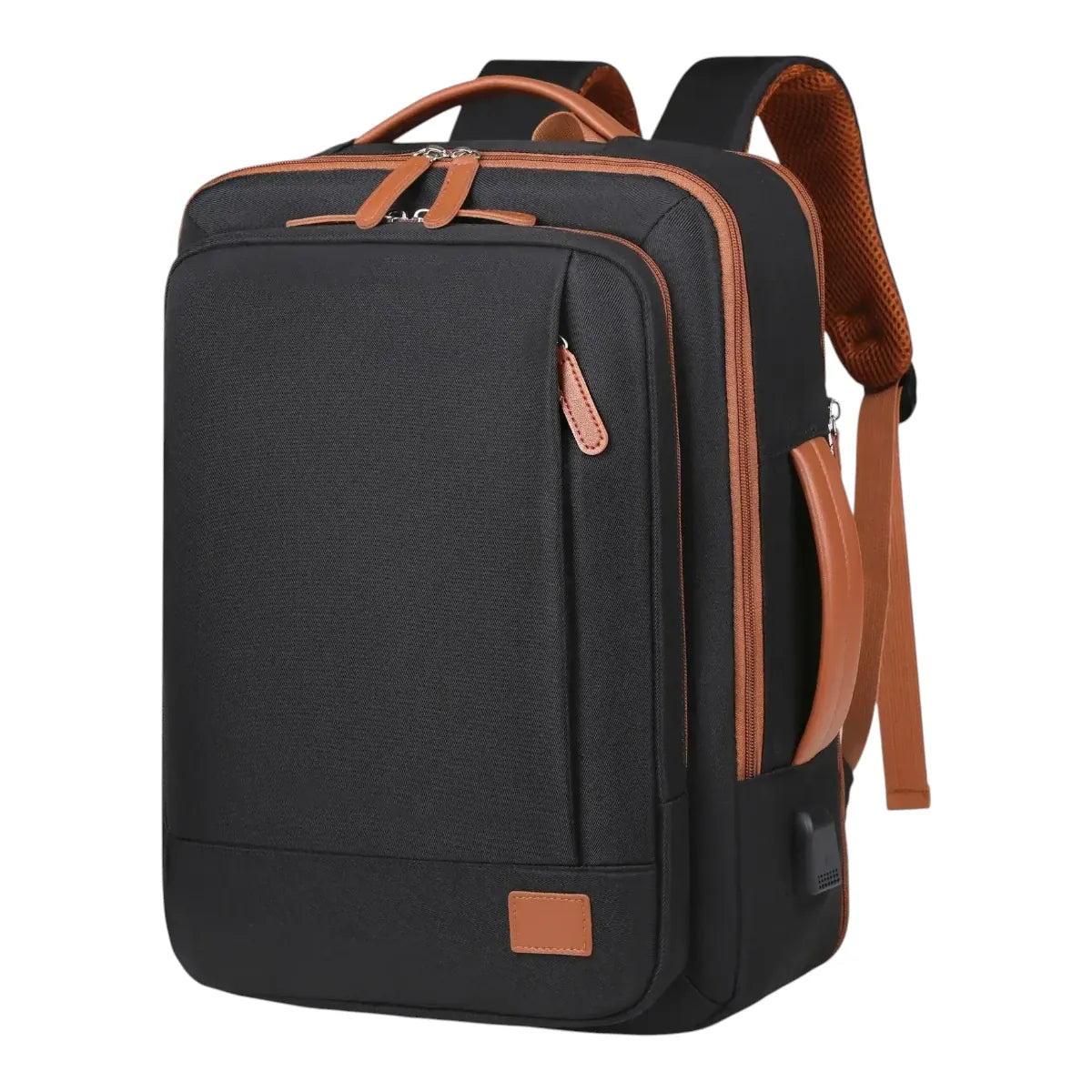Sac à dos ordinateur professionnel premium noir, sac à dos slim avec port USB et finitions en cuir marron.