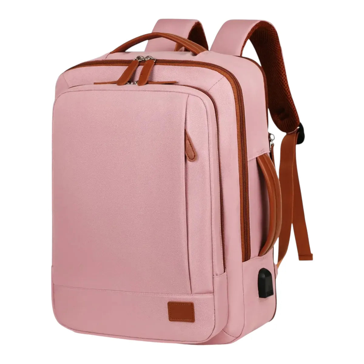 Sac à dos ordinateur professionnel premium rose, sac à dos élégant avec port USB et finitions marron.