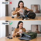 Une comparaison organisationnelle avant-après montrant le Sac à Dos Organisé pour Ordinateur Portable (Vert Olive) organisé