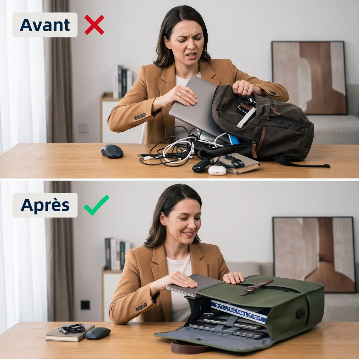 Une comparaison organisationnelle avant-après montrant le Sac à Dos Organisé pour Ordinateur Portable (Vert Olive) organisé