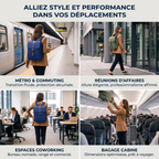 Collage montrant le Sac à Dos Organisé pour Ordinateur Portable (Vert Olive) dans divers scénarios de déplacement et de voyage