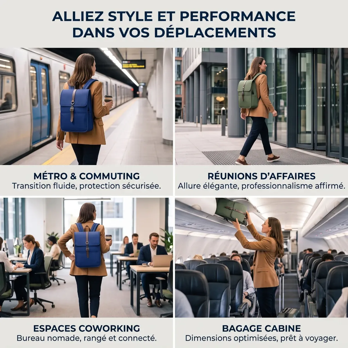 Collage montrant le Sac à Dos Organisé pour Ordinateur Portable (Vert Olive) dans divers scénarios de déplacement et de voyage