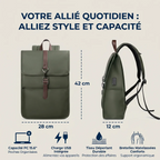 Vue d'ensemble studio face et profil du Sac à Dos Organisé pour Ordinateur Portable (Vert Olive) avec dimensions
