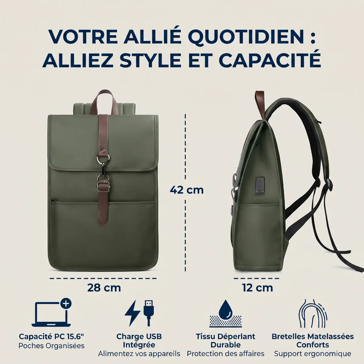 Vue d'ensemble studio face et profil du Sac à Dos Organisé pour Ordinateur Portable (Vert Olive) avec dimensions