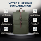 Vue de face du Sac à Dos Organisé pour Ordinateur Portable (Vert Olive) sur un socle avec pictogrammes détaillés