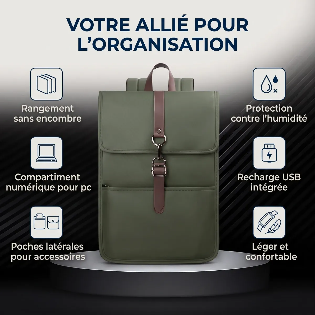 Vue de face du Sac à Dos Organisé pour Ordinateur Portable (Vert Olive) sur un socle avec pictogrammes détaillés