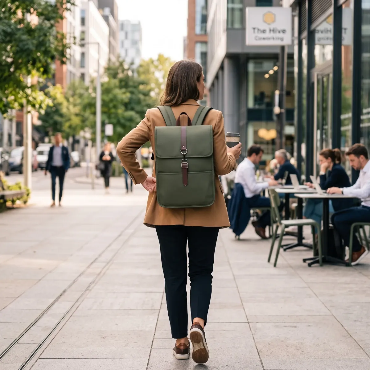 Une femme portant le Sac à Dos Organisé pour Ordinateur Portable (Vert Olive) marchant dans un environnement de déplacement urbain