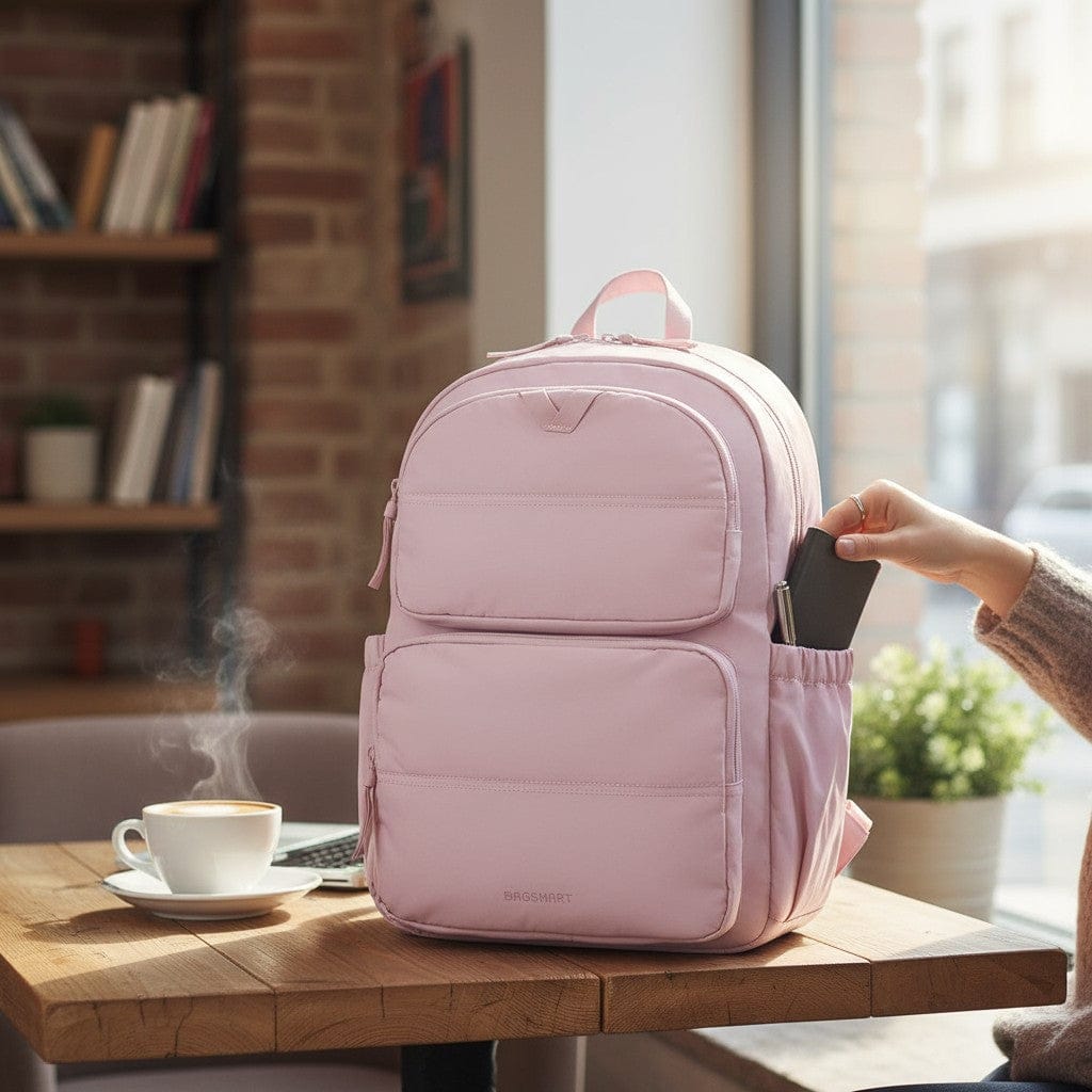 Sac à dos PC portable femme Nuage posé sur une table en bois avec une tasse de café chaud.
