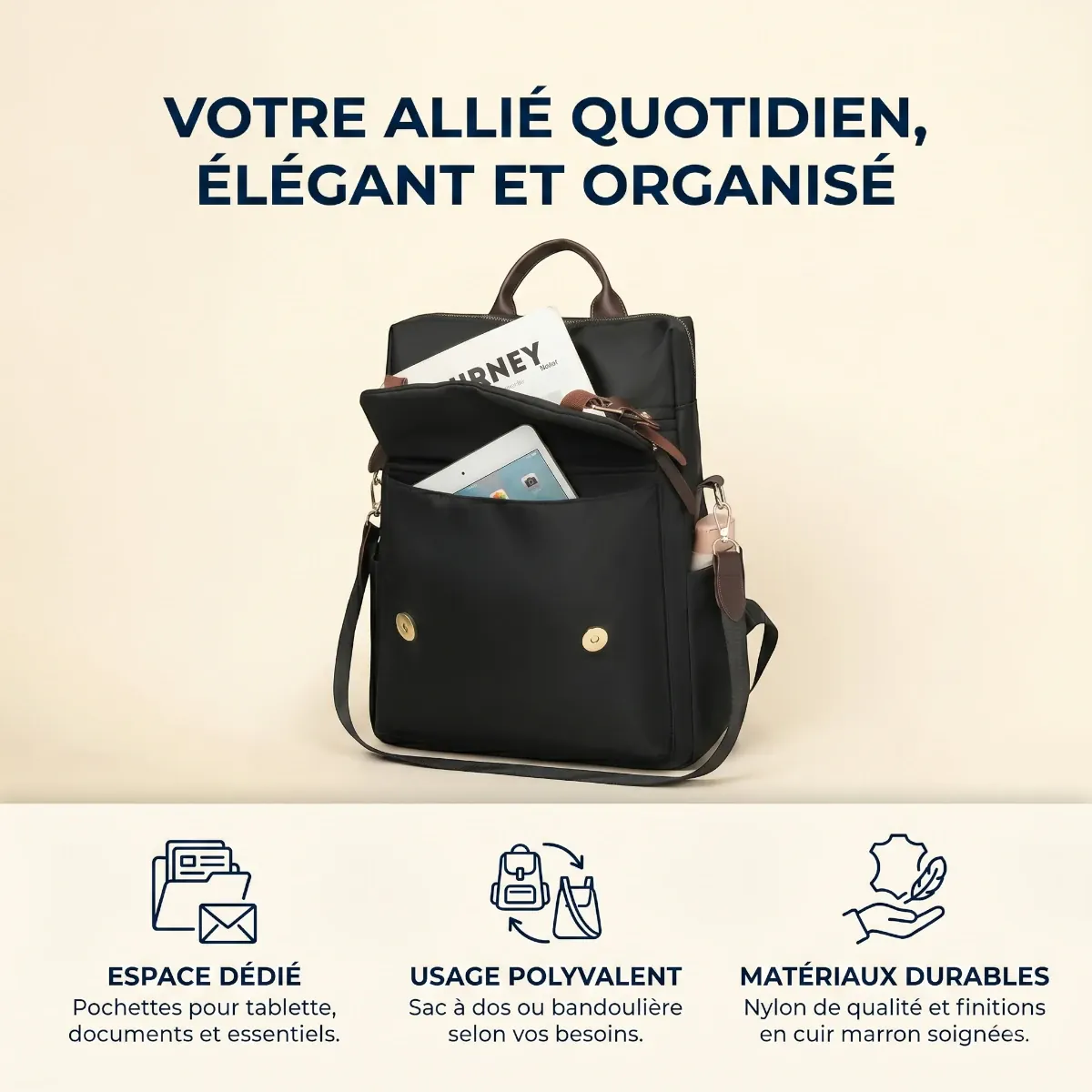 Infographie du sac à dos PC portable femme Sienna détaillant l'espace de rangement dédié pour tablette et documents.