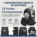 Détails des 12 poches et 3 compartiments du sac à dos pc portable KonoSync