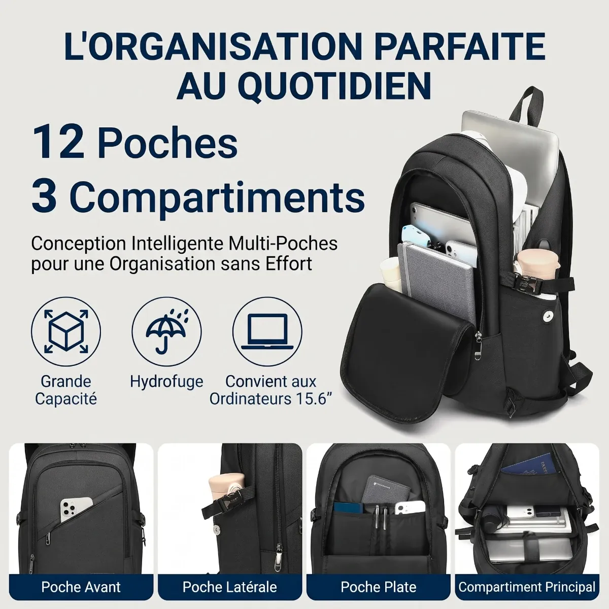 Détails des 12 poches et 3 compartiments du sac à dos pc portable KonoSync