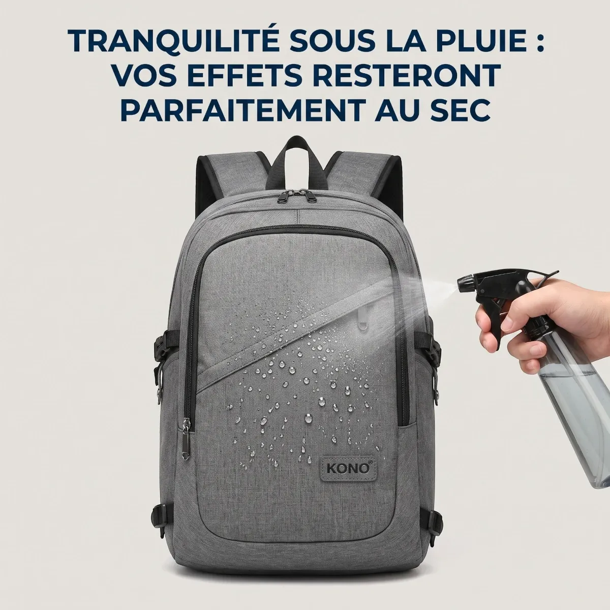 Test de résistance à l'eau et tissu hydrofuge du sac à dos travail homme KonoSync